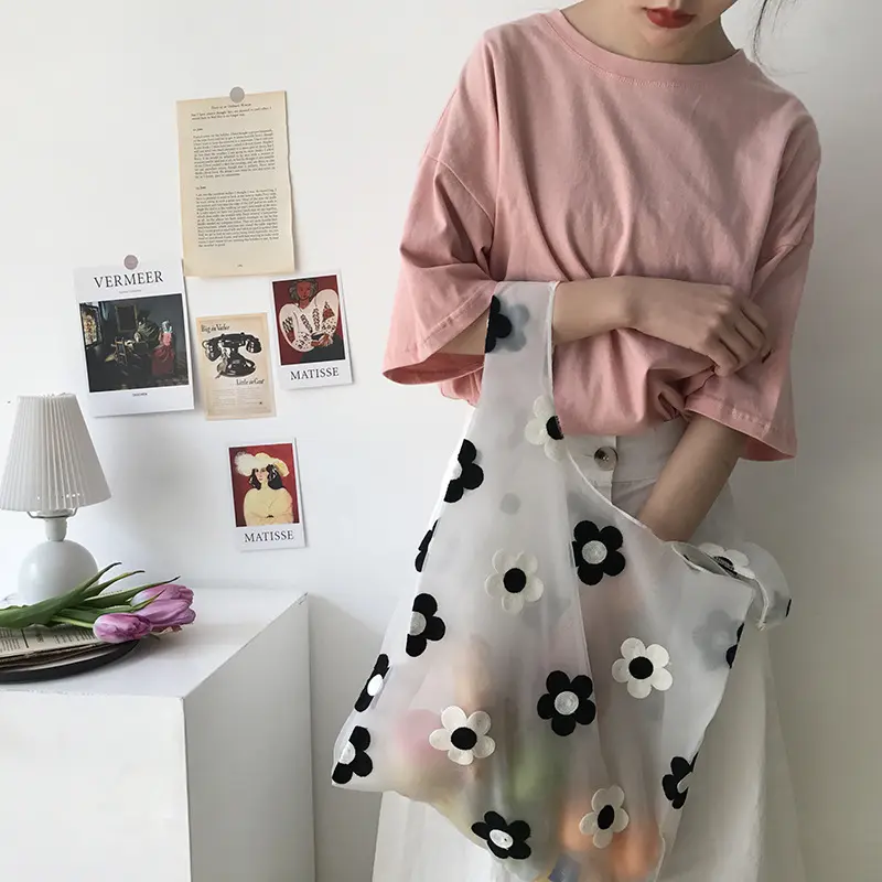 Women Transparent Tote Double Organza Yarn Cloth Bag Embroidery Flowers Handbag High Quality Eco Shopping Bag Purses For Girls