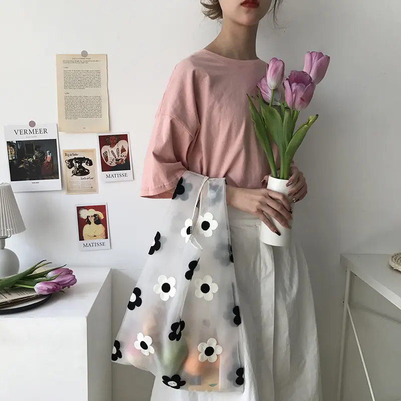 Women Transparent Tote Double Organza Yarn Cloth Bag Embroidery Flowers Handbag High Quality Eco Shopping Bag Purses For Girls