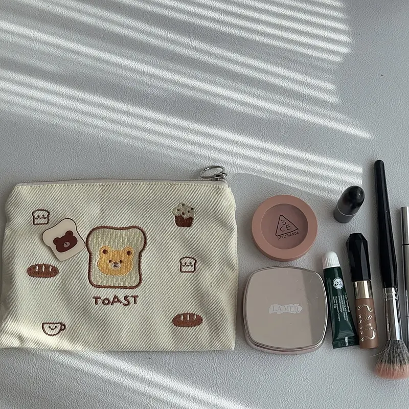 Women Canvas Cosmetic Bag Cute Embroidery Makeup Bags Girls Lovely Cloth Wallet Cotton Zipper Purse Storage Organizer Pencil Bag