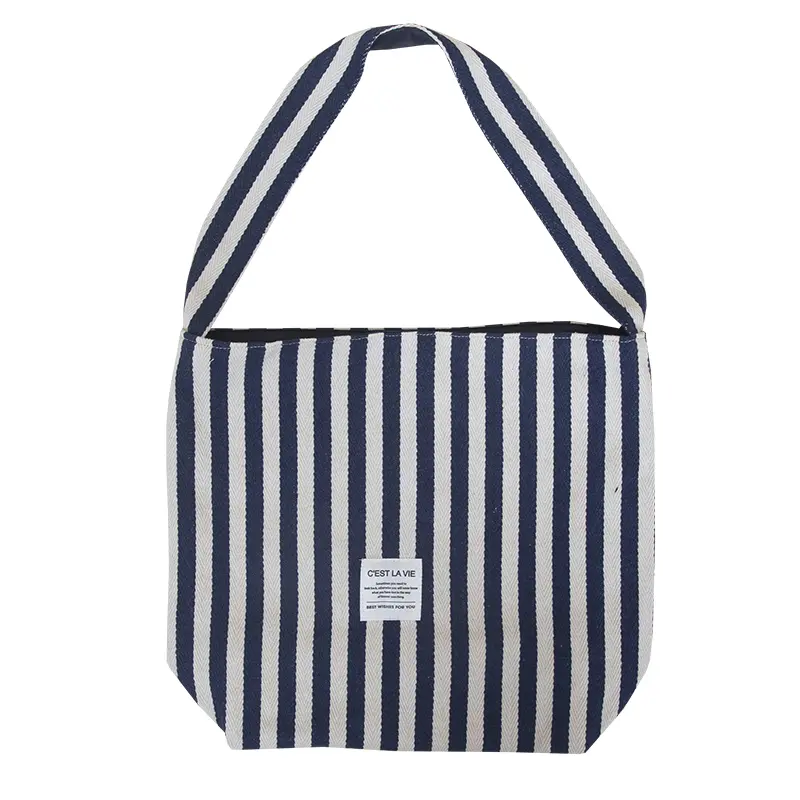 Stripe Canvas Women Shoulder Bag Reversible Design Ladies Eco Cotton Cloth Versatile Purse French Letters Female Shopping Bags