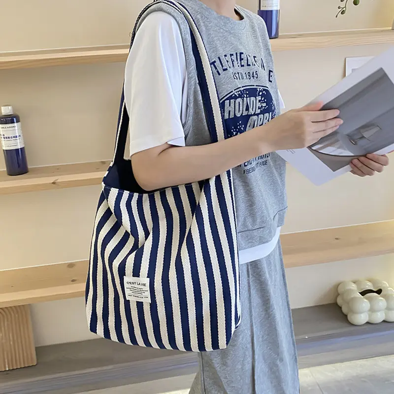 Stripe Canvas Women Shoulder Bag Reversible Design Ladies Eco Cotton Cloth Versatile Purse French Letters Female Shopping Bags