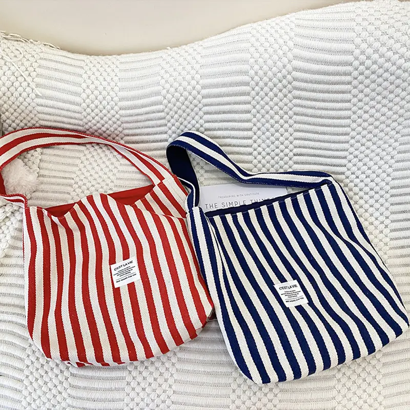 Stripe Canvas Women Shoulder Bag Reversible Design Ladies Eco Cotton Cloth Versatile Purse French Letters Female Shopping Bags