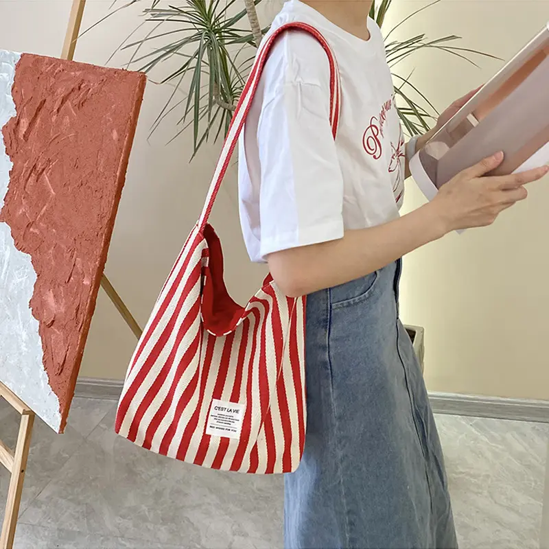 Stripe Canvas Women Shoulder Bag Reversible Design Ladies Eco Cotton Cloth Versatile Purse French Letters Female Shopping Bags