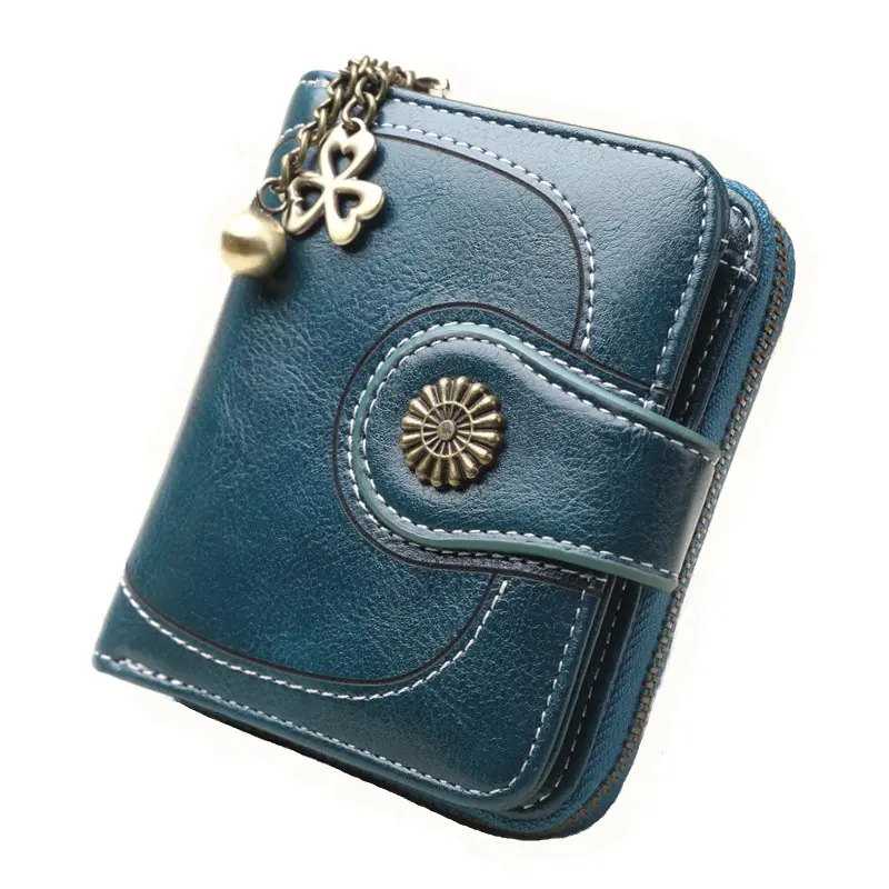 Women Vintage Wallets Greased Leather Flower Ladies Zipper Coin Purse Female Small Clutch Money Bag Credit Card Holder Wallet