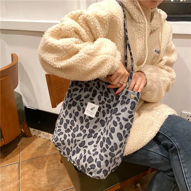 Women Corduroy Shoulder Bags Canvas Lining Leopard Design Eco Cotton Cloth Handbag Cute Books Tote Handy Shopping Bag For Ladies