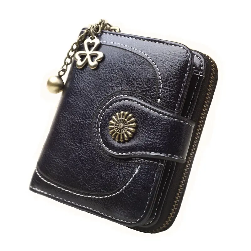 Women Vintage Wallets Greased Leather Flower Ladies Zipper Coin Purse Female Small Clutch Money Bag Credit Card Holder Wallet