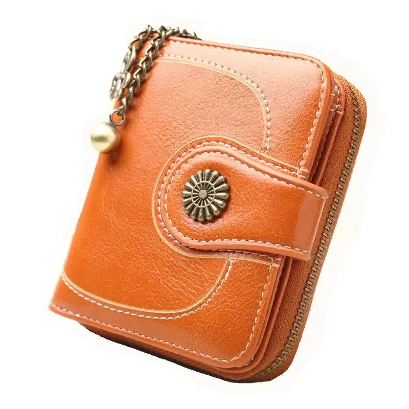 Women Vintage Wallets Greased Leather Flower Ladies Zipper Coin Purse Female Small Clutch Money Bag Credit Card Holder Wallet