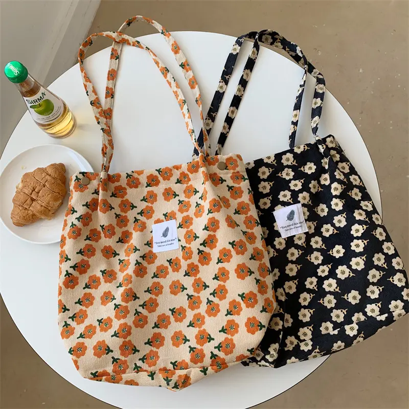 Women Corduroy Shoulder Bags Canvas Lining Leopard Design Eco Cotton Cloth Handbag Cute Books Tote Handy Shopping Bag For Ladies
