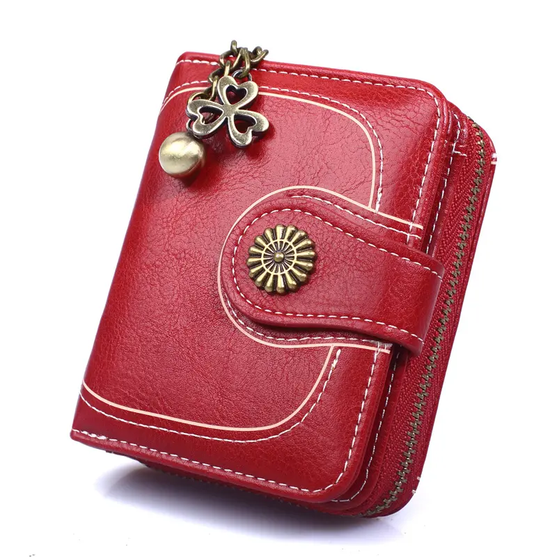 Women Vintage Wallets Greased Leather Flower Ladies Zipper Coin Purse Female Small Clutch Money Bag Credit Card Holder Wallet