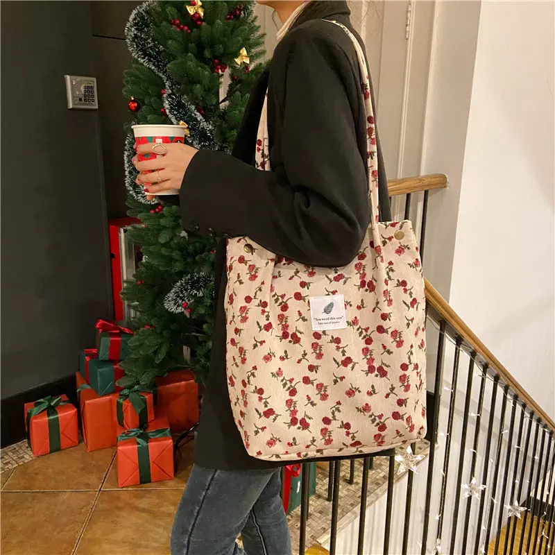 Women Corduroy Shoulder Bags Canvas Lining Leopard Design Eco Cotton Cloth Handbag Cute Books Tote Handy Shopping Bag For Ladies