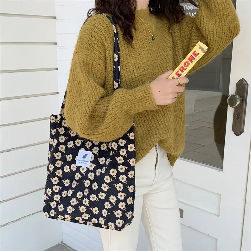 Women Corduroy Shoulder Bags Canvas Lining Leopard Design Eco Cotton Cloth Handbag Cute Books Tote Handy Shopping Bag For Ladies