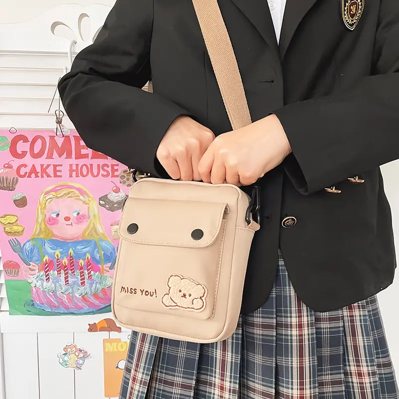 Cute Bear Women Small Nylon Shoulder Bag College Girl Mini Crossbody Bags Ladies Cloth Zipper Purse Mobile Phone Square Handbag