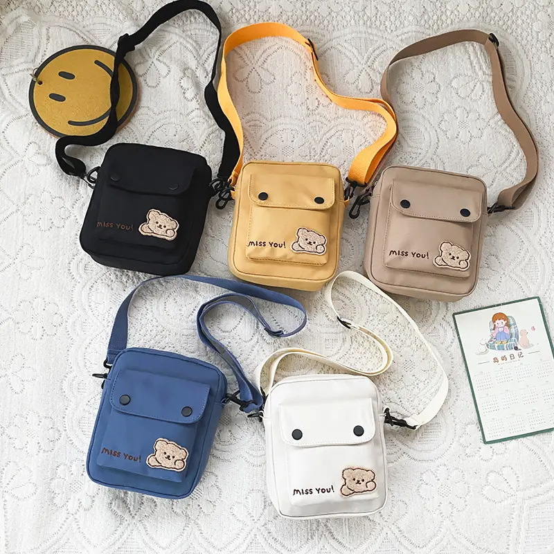 Cute Bear Women Small Nylon Shoulder Bag College Girl Mini Crossbody Bags Ladies Cloth Zipper Purse Mobile Phone Square Handbag