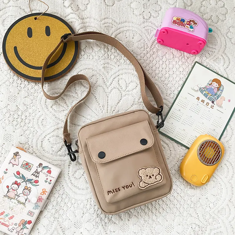 Cute Bear Women Small Nylon Shoulder Bag College Girl Mini Crossbody Bags Ladies Cloth Zipper Purse Mobile Phone Square Handbag