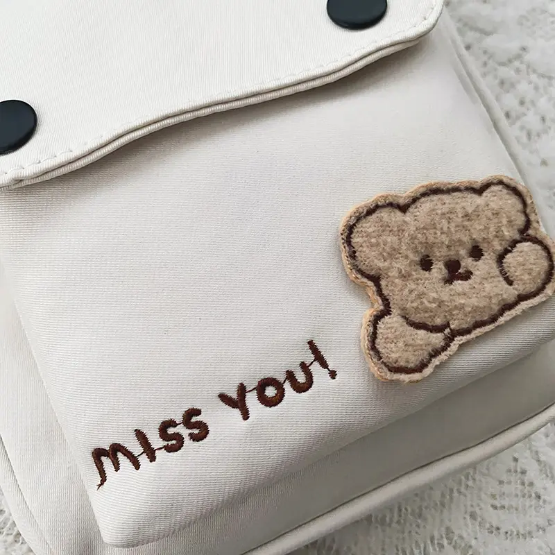 Cute Bear Women Small Nylon Shoulder Bag College Girl Mini Crossbody Bags Ladies Cloth Zipper Purse Mobile Phone Square Handbag