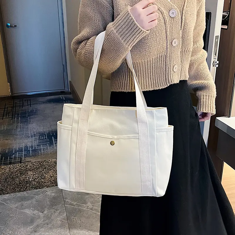 Women Canvas Shoulder Bags College Girl Books Handbag Cotton Cloth Fabric Commuting Zipper Purse Big Tote Ladies Shopping Bag