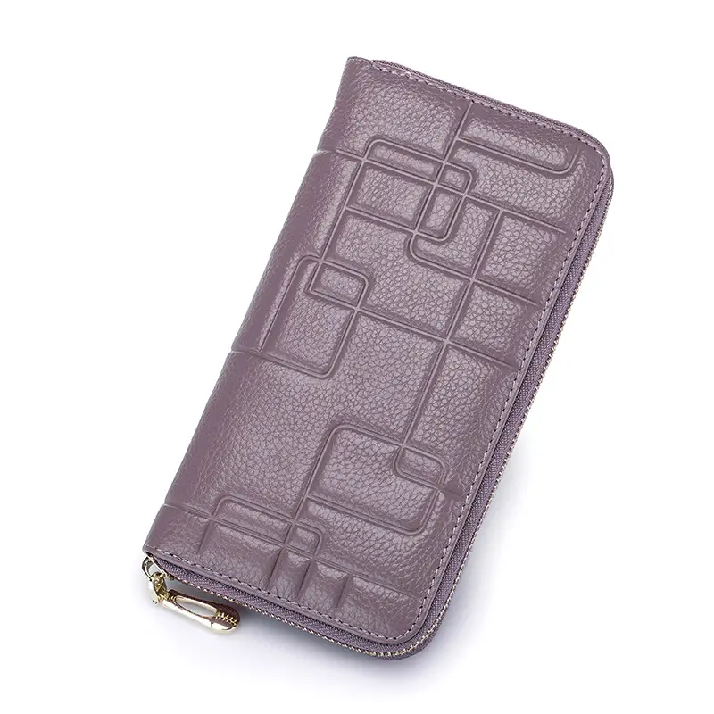 Fashion Women's Long Purse Genuine Leather First Layer of Cowhide Embossing Zipper Wallet Ladies' Clutch Bag Female Cards Holder