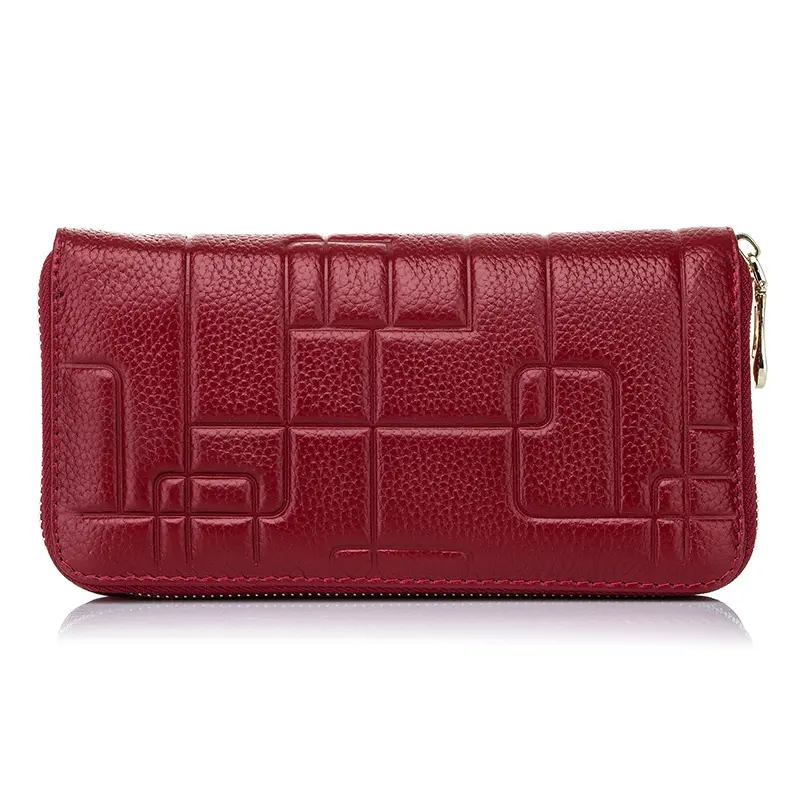 Fashion Women's Long Purse Genuine Leather First Layer of Cowhide Embossing Zipper Wallet Ladies' Clutch Bag Female Cards Holder