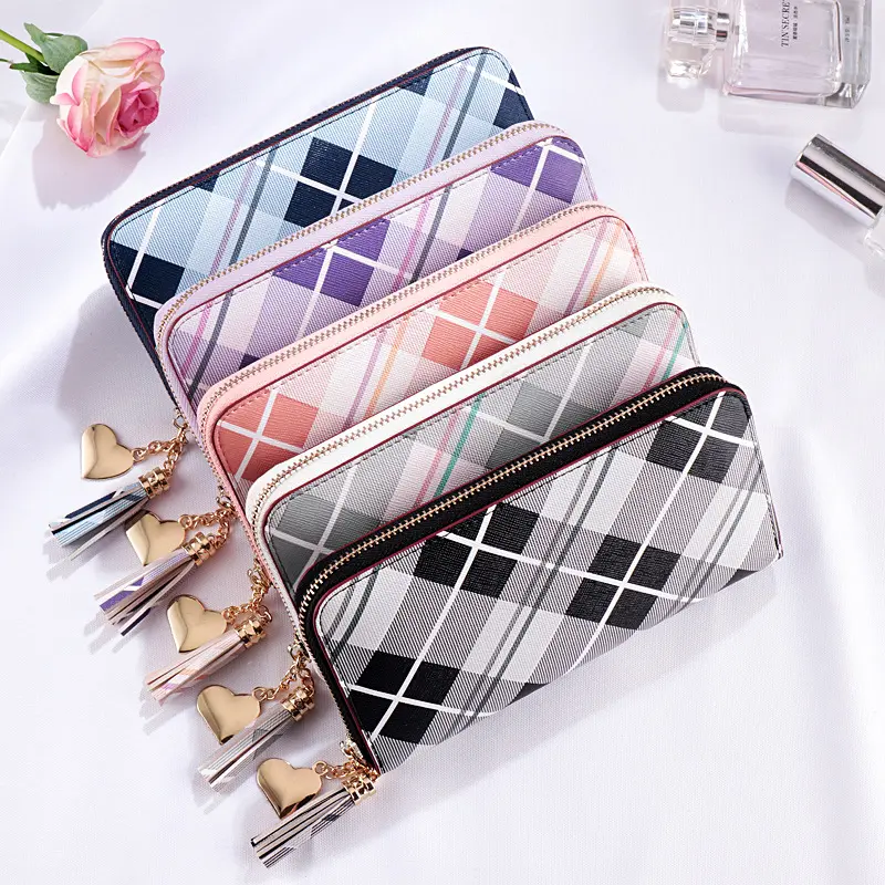 Women Long Wallet Plaid PU Leather Tassel Purse Female Hit Color Clutch Bag Zipper Wallets Ladies Card Holder Money Bags