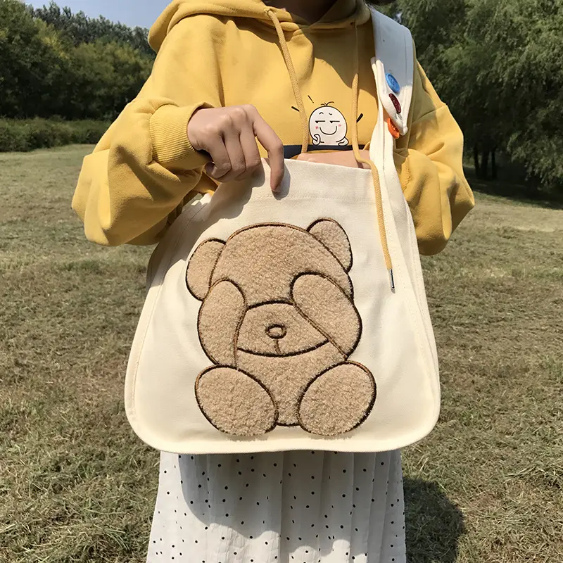 Women Canvas Shoulder Bag Both Side Embroidery Cute Bear Pattern Crossbody Messenger Bags Cloth Books Bag For College Girls
