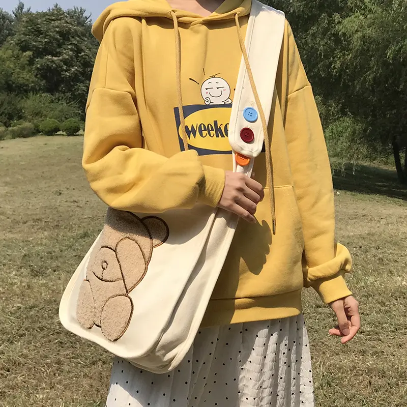 Women Canvas Shoulder Bag Both Side Embroidery Cute Bear Pattern Crossbody Messenger Bags Cloth Books Bag For College Girls