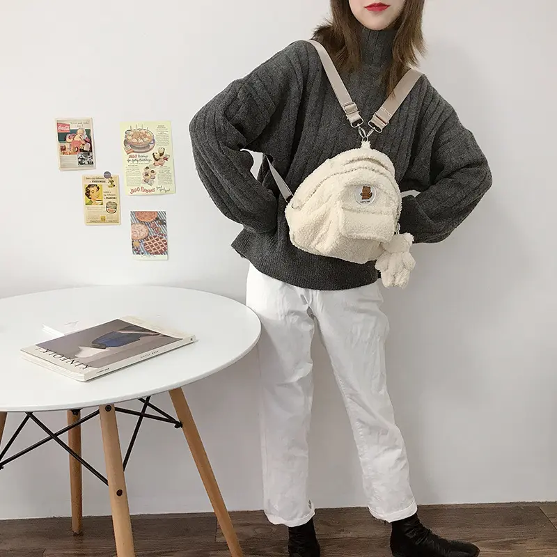 Women Mini Backpack Female Lamb Like Fabric Shoulder Bag Ladies Cute Kawaii Small Travel Bags Plush Purse for Teenage Girls
