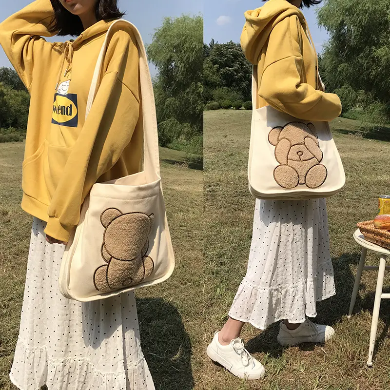 Women Canvas Shoulder Bag Both Side Embroidery Cute Bear Pattern Crossbody Messenger Bags Cloth Books Bag For College Girls