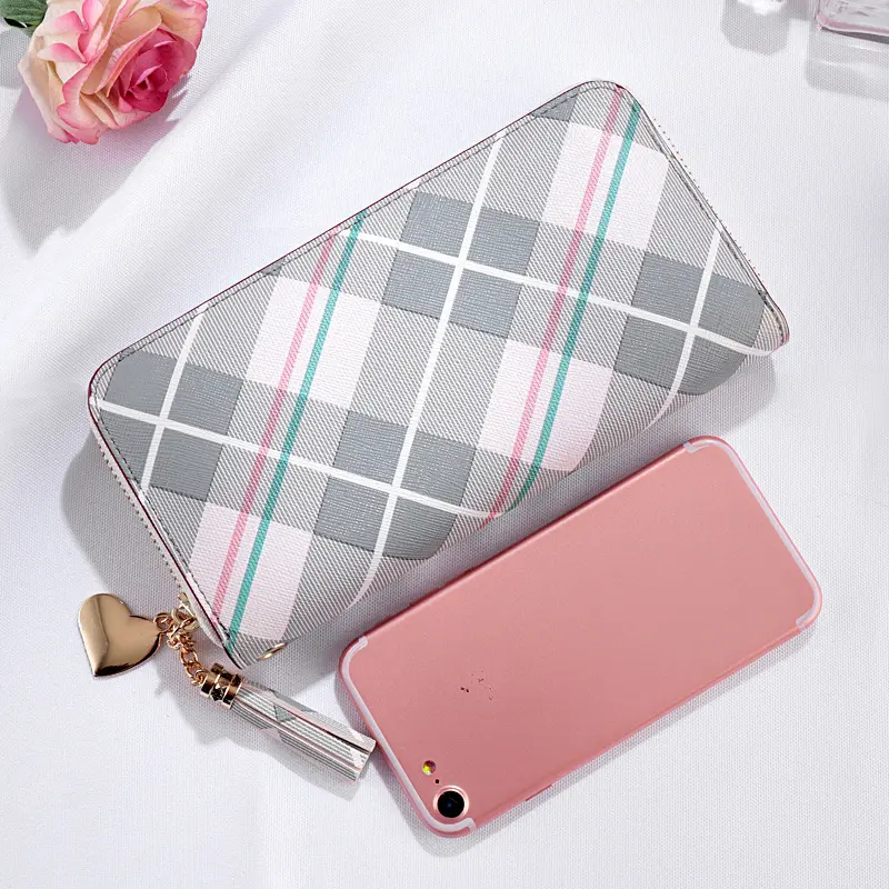Women Long Wallet Plaid PU Leather Tassel Purse Female Hit Color Clutch Bag Zipper Wallets Ladies Card Holder Money Bags
