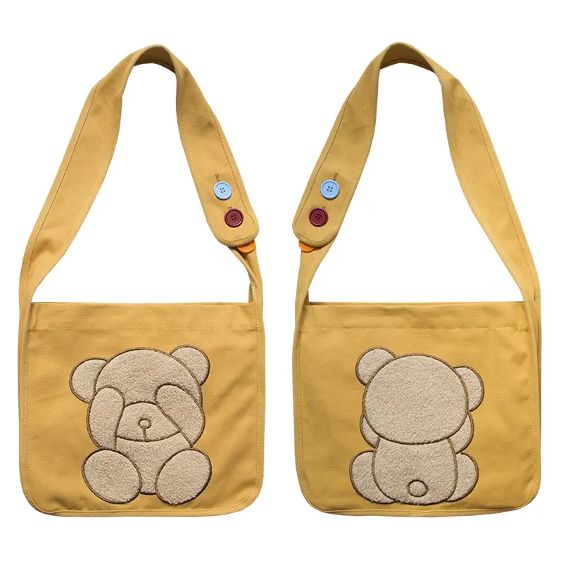 Women Canvas Shoulder Bag Both Side Embroidery Cute Bear Pattern Crossbody Messenger Bags Cloth Books Bag For College Girls