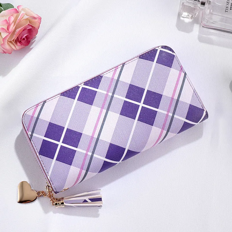 Women Long Wallet Plaid PU Leather Tassel Purse Female Hit Color Clutch Bag Zipper Wallets Ladies Card Holder Money Bags