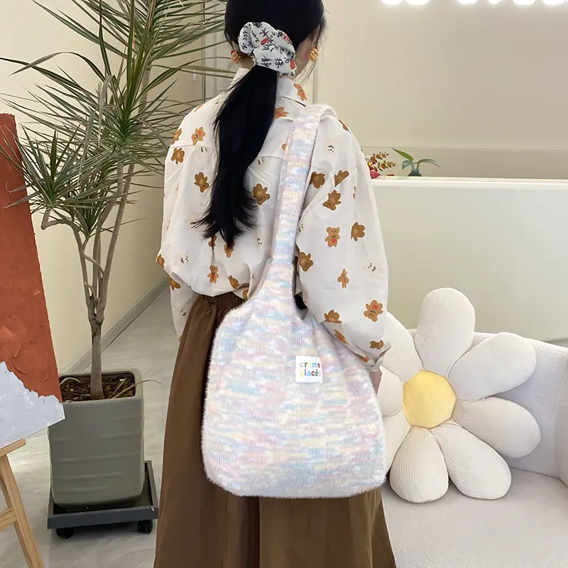 Women Plush Shoulder Bag Dopamine Knitting Wool Fabric Tote Large Shopping Bags Ladies Cute Books Handbag Girls Soft Cloth Purse