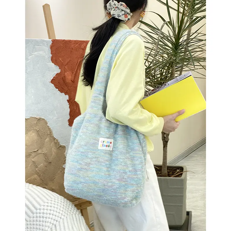 Women Plush Shoulder Bag Dopamine Knitting Wool Fabric Tote Large Shopping Bags Ladies Cute Books Handbag Girls Soft Cloth Purse