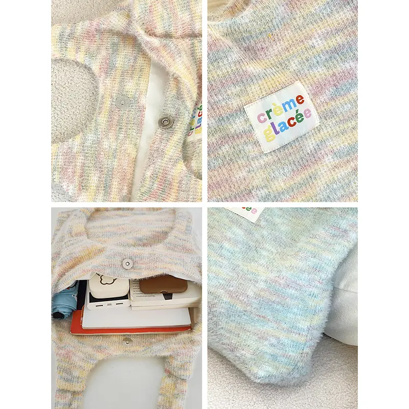 Women Plush Shoulder Bag Dopamine Knitting Wool Fabric Tote Large Shopping Bags Ladies Cute Books Handbag Girls Soft Cloth Purse