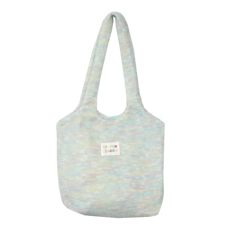 Women Plush Shoulder Bag Dopamine Knitting Wool Fabric Tote Large Shopping Bags Ladies Cute Books Handbag Girls Soft Cloth Purse