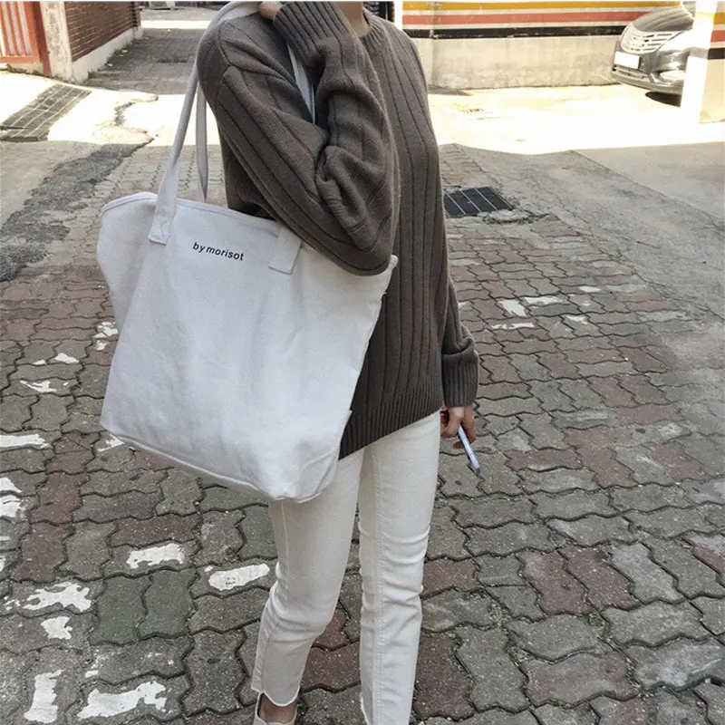 New Fashion Women Canvas Shoulder Bag Female Letters Pure Cotton Cloth Handbag Simple Tote Ladies Simple Zipper Shopping Bags