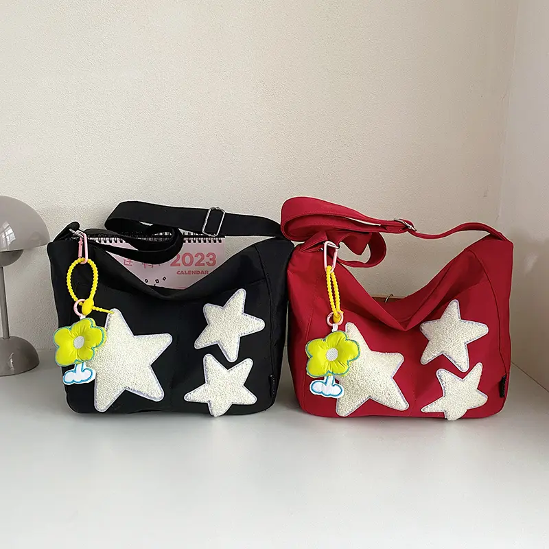 Women Nylon Shoulder Bag Five-Pointed Stars Ladies Crossbody Bag Casual Messenger Bags Girl Cute Zipper Purse College Books Tote