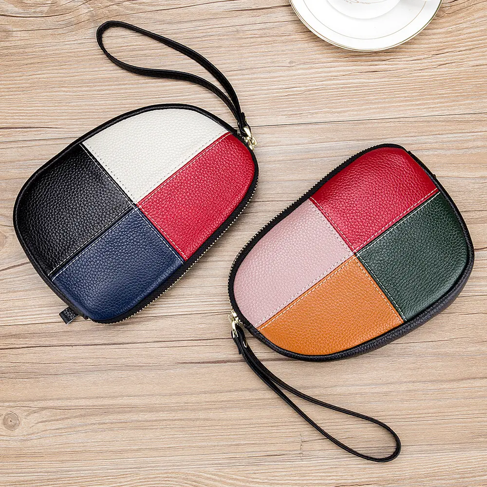Real Leather Women Big Wallet Cute Panelled Clutch Bags Large Zipper Coin Purse Luxury Money Bag Card Holder Ladies Mini Handbag