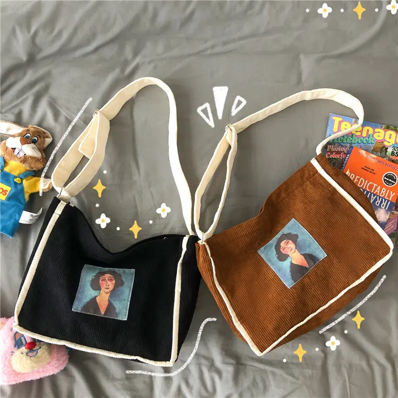 Ladies Canvas Corduroy Shoulder Bags Olde Worlde Look Women Messenger Bag Zipper Book Handbag Eco Soft Cloth Tote For Girls