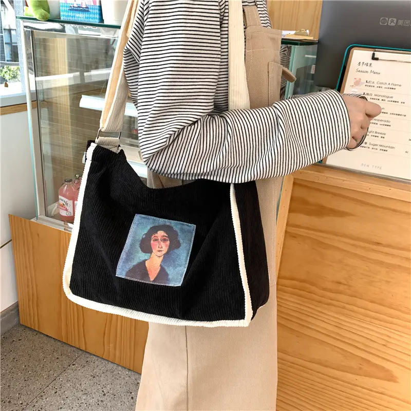 Ladies Canvas Corduroy Shoulder Bags Olde Worlde Look Women Messenger Bag Zipper Book Handbag Eco Soft Cloth Tote For Girls