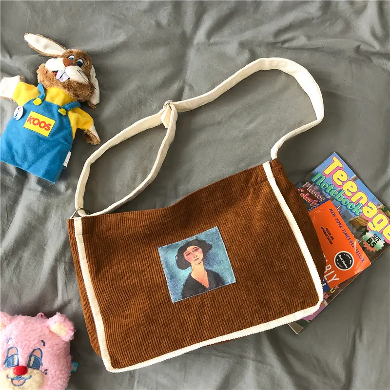 Ladies Canvas Corduroy Shoulder Bags Olde Worlde Look Women Messenger Bag Zipper Book Handbag Eco Soft Cloth Tote For Girls