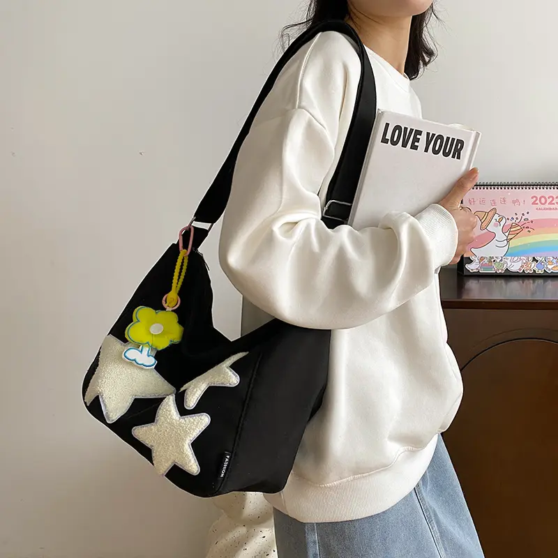 Women Nylon Shoulder Bag Five-Pointed Stars Ladies Crossbody Bag Casual Messenger Bags Girl Cute Zipper Purse College Books Tote