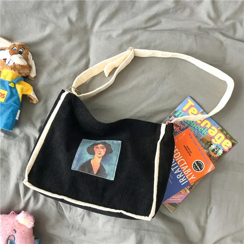 Ladies Canvas Corduroy Shoulder Bags Olde Worlde Look Women Messenger Bag Zipper Book Handbag Eco Soft Cloth Tote For Girls