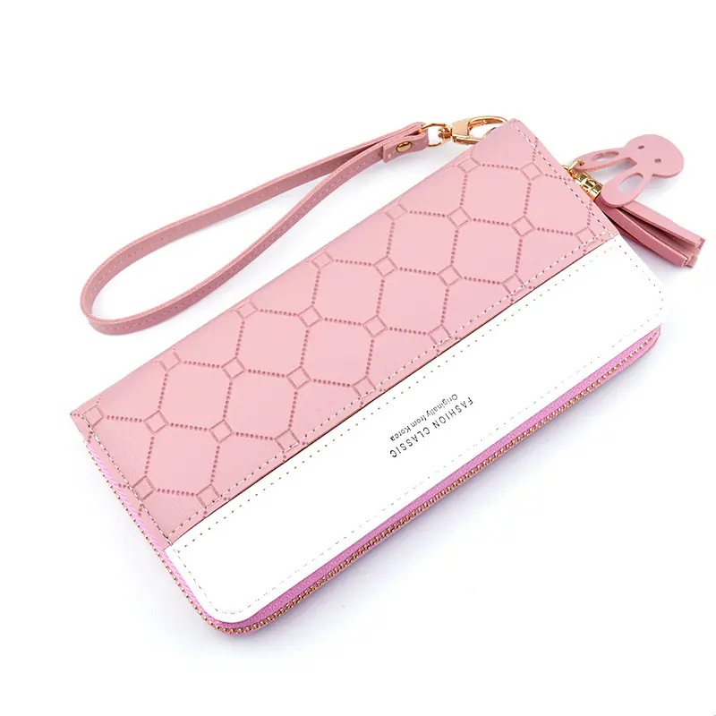 Women Long Wallet Patchwork Zipper Purse Girls Checked Embossed Tassel Wallets Cute Simple Card Holder Phone Money Clutch Bag