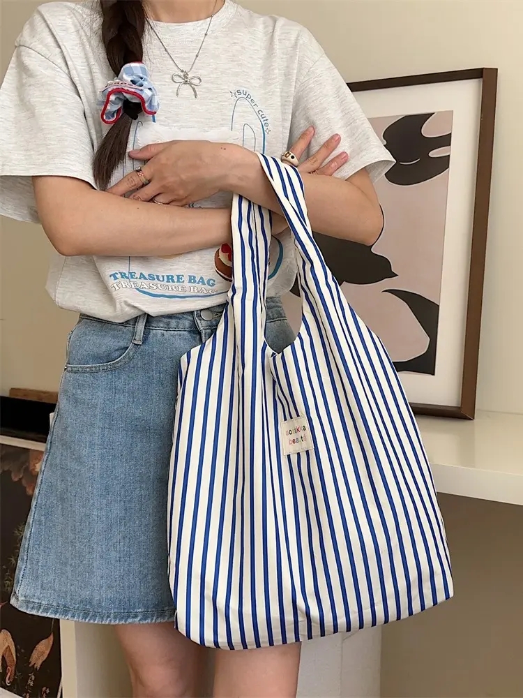 Women Canvas Shoulder Bag Classic Stripes Cute Bunny Bear Print Light Shopping Bags Girl Books Tote Lady Eco Handbag Cloth Purse