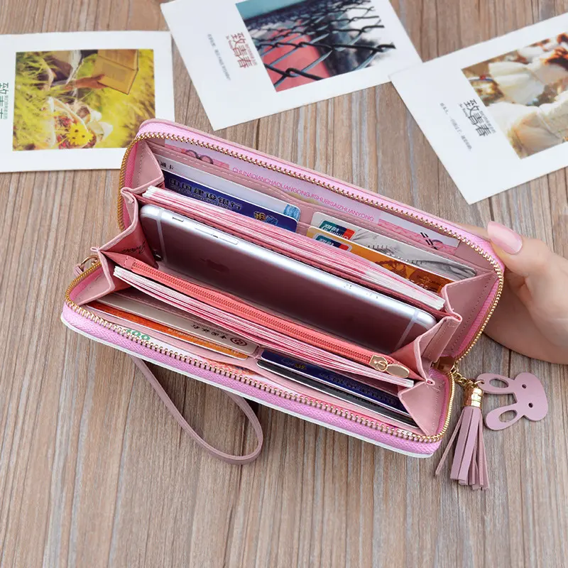 Women Long Wallet Patchwork Zipper Purse Girls Checked Embossed Tassel Wallets Cute Simple Card Holder Phone Money Clutch Bag