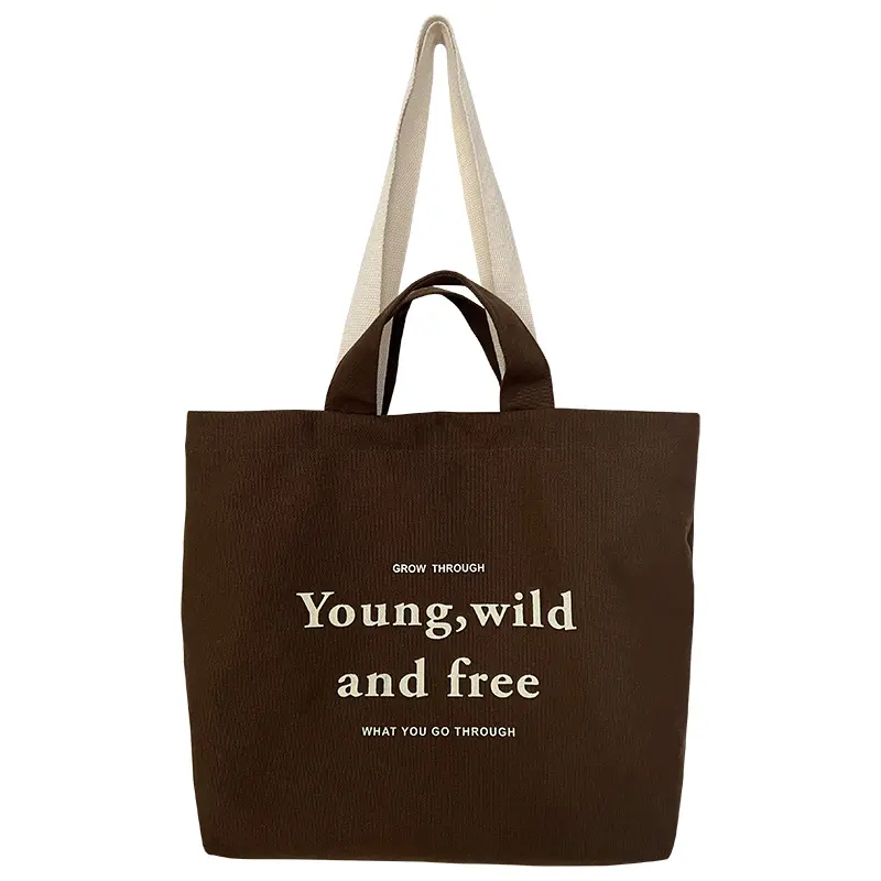Women Brown Canvas Shoulder Bag Letter Print Large Capacity Thick Cotton Books Handbag Quality Cloth Purse Grocery Shopping Tote