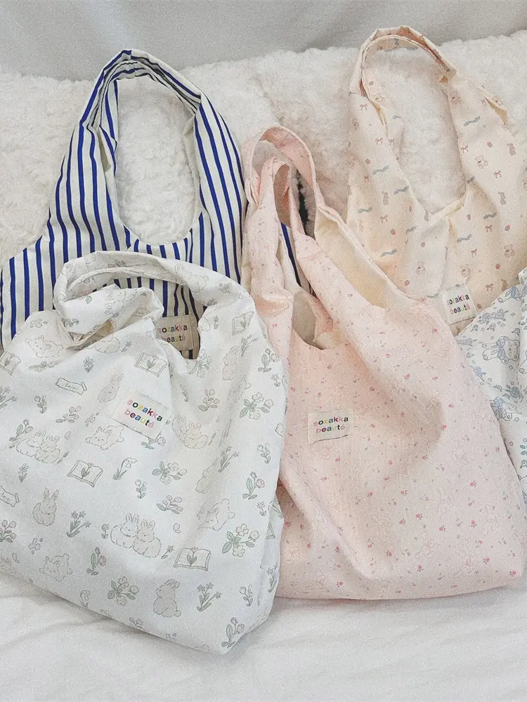 Women Canvas Shoulder Bag Classic Stripes Cute Bunny Bear Print Light Shopping Bags Girl Books Tote Lady Eco Handbag Cloth Purse