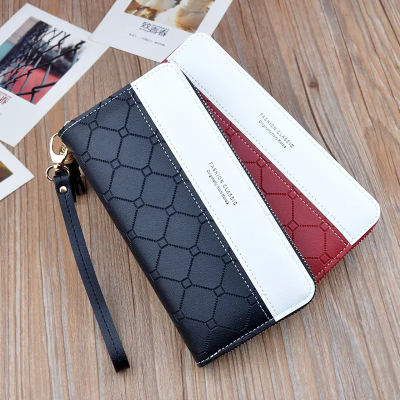 Women Long Wallet Patchwork Zipper Purse Girls Checked Embossed Tassel Wallets Cute Simple Card Holder Phone Money Clutch Bag