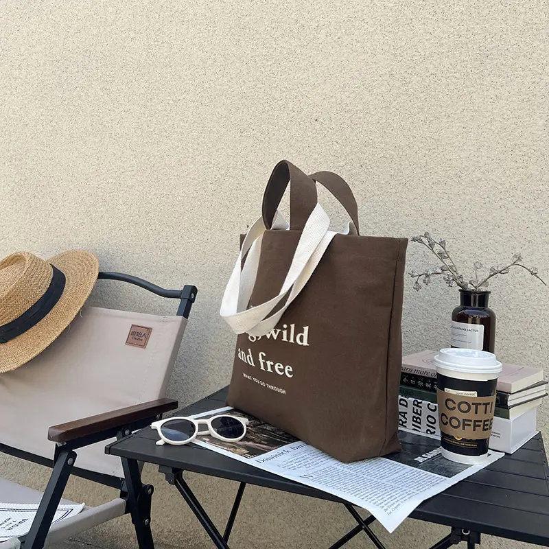 Women Brown Canvas Shoulder Bag Letter Print Large Capacity Thick Cotton Books Handbag Quality Cloth Purse Grocery Shopping Tote