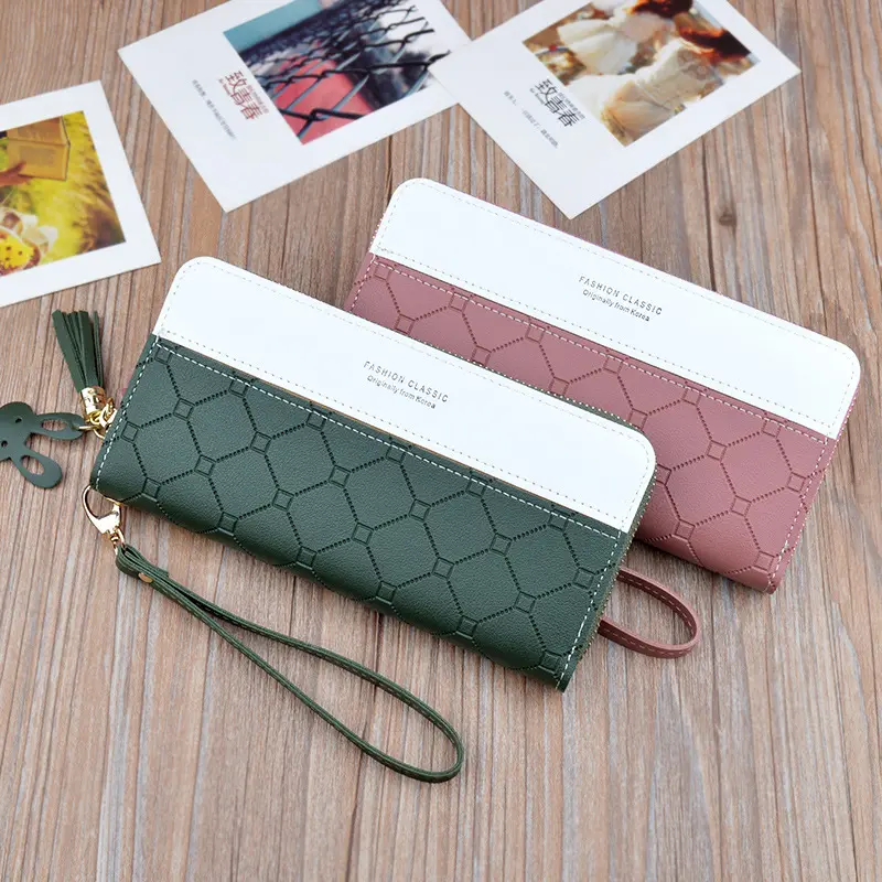 Women Long Wallet Patchwork Zipper Purse Girls Checked Embossed Tassel Wallets Cute Simple Card Holder Phone Money Clutch Bag